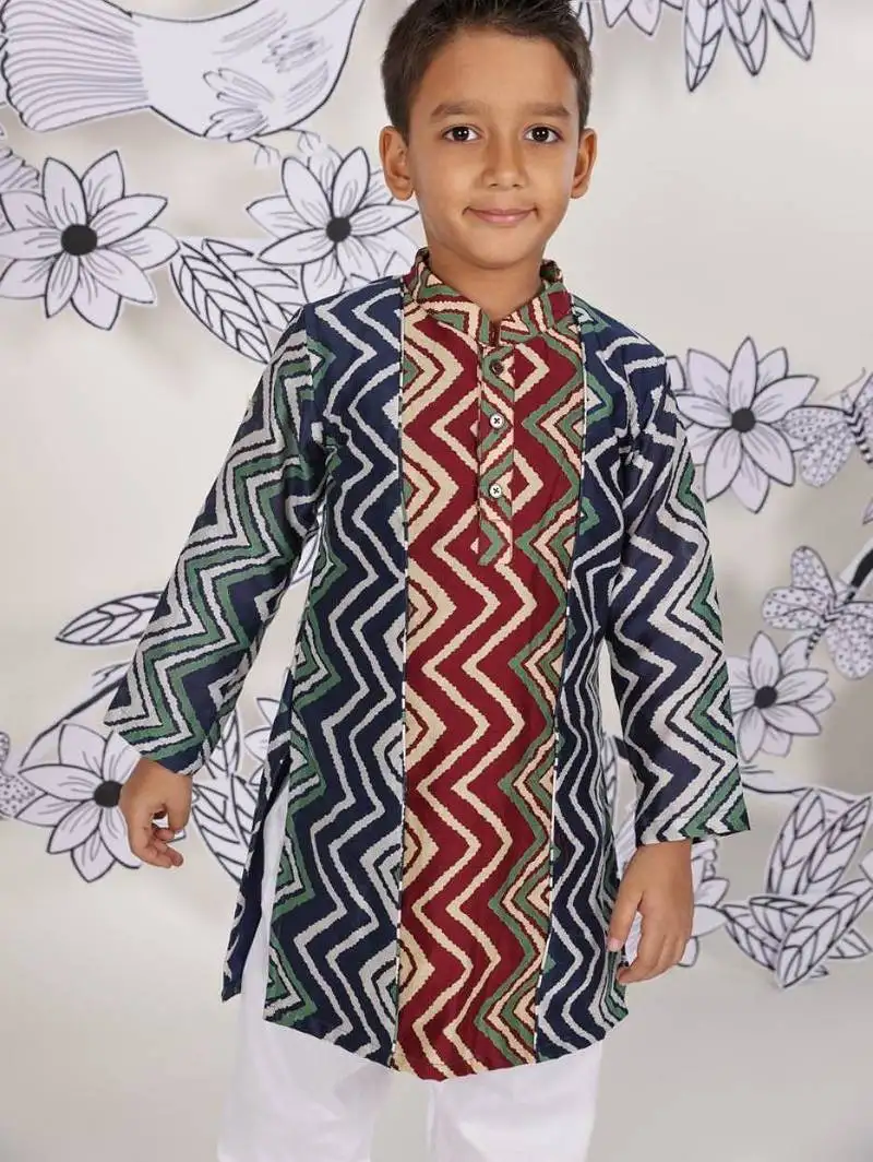 Zigzag fest boys kurta set multicolour print with white pajama