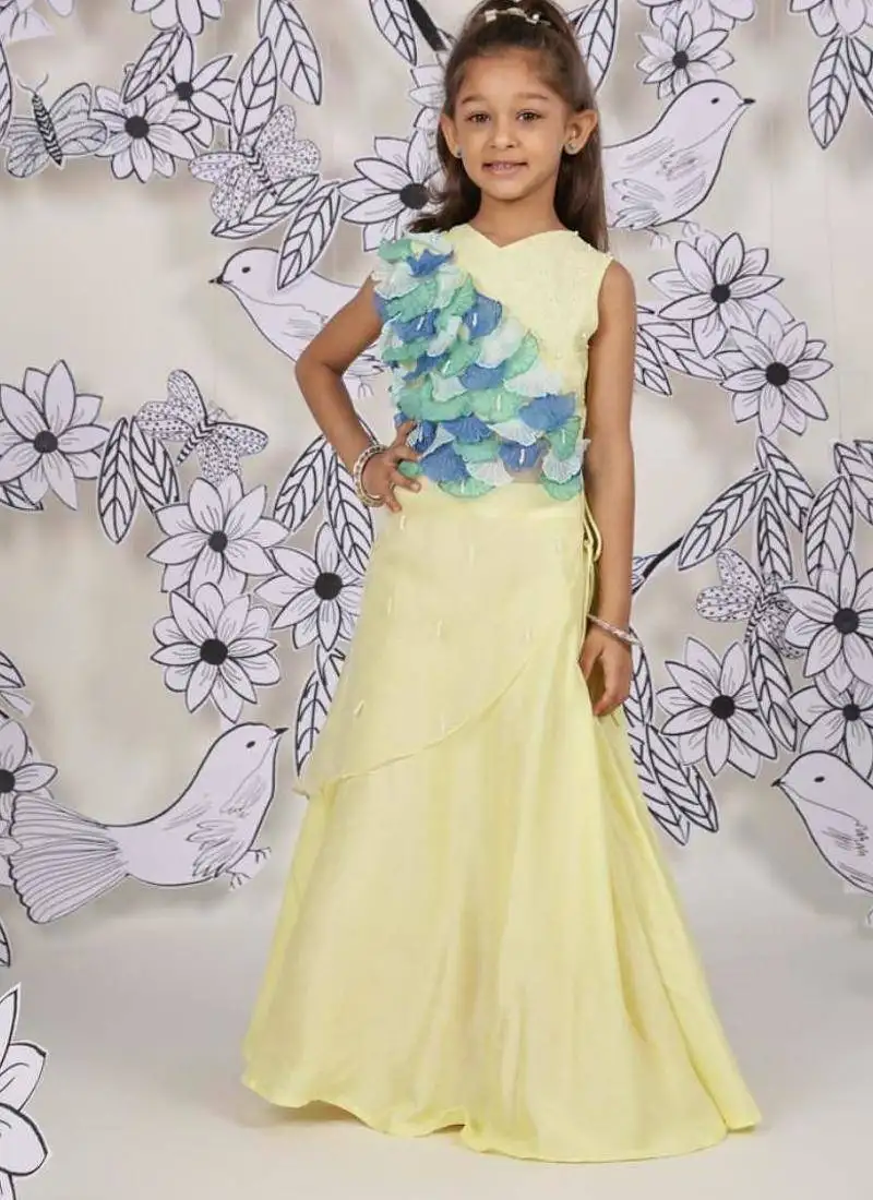 Mermaid bloom girls lehenga set lemon & aqua 3d ruffle drape look