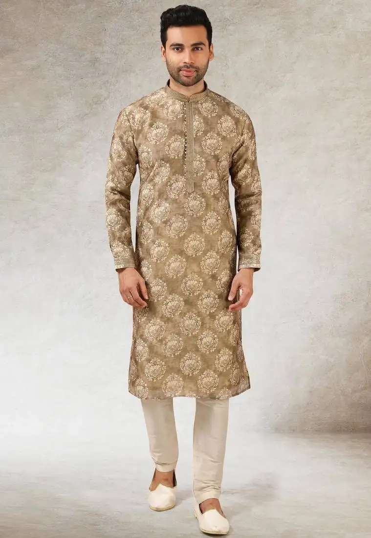 Men's brown kurta with print on art silk fabric and with lining