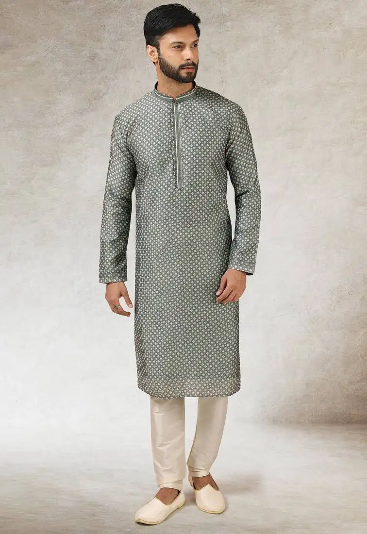 Men's gray kurta with print on art silk fabric and with lining