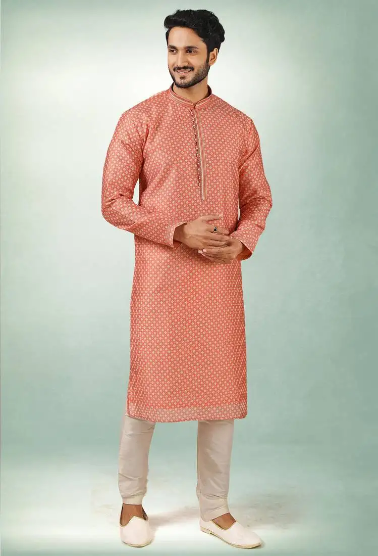 Men's peach kurta with print on art silk fabric and with lining