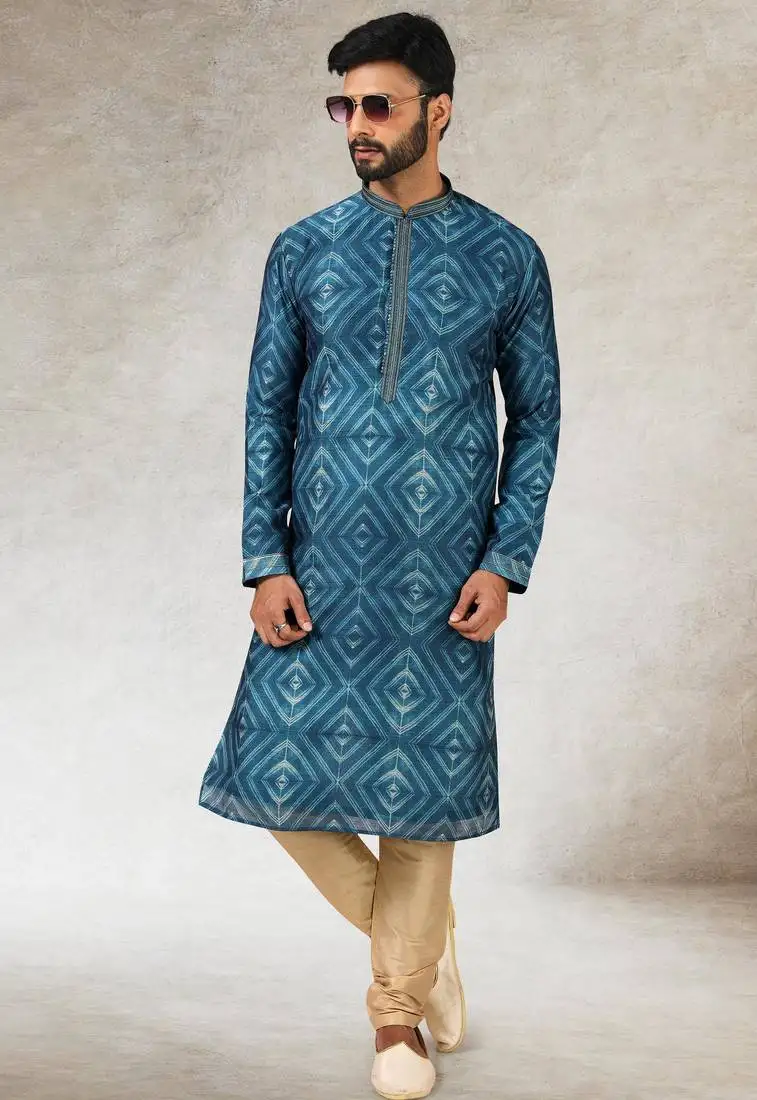 Men's blue print on art silk fabric kurta with with lining
