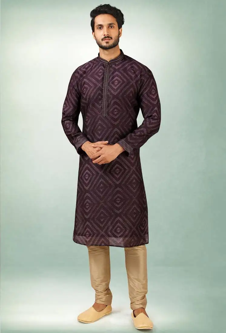 Men's purple print on art silk fabric kurta with with lining