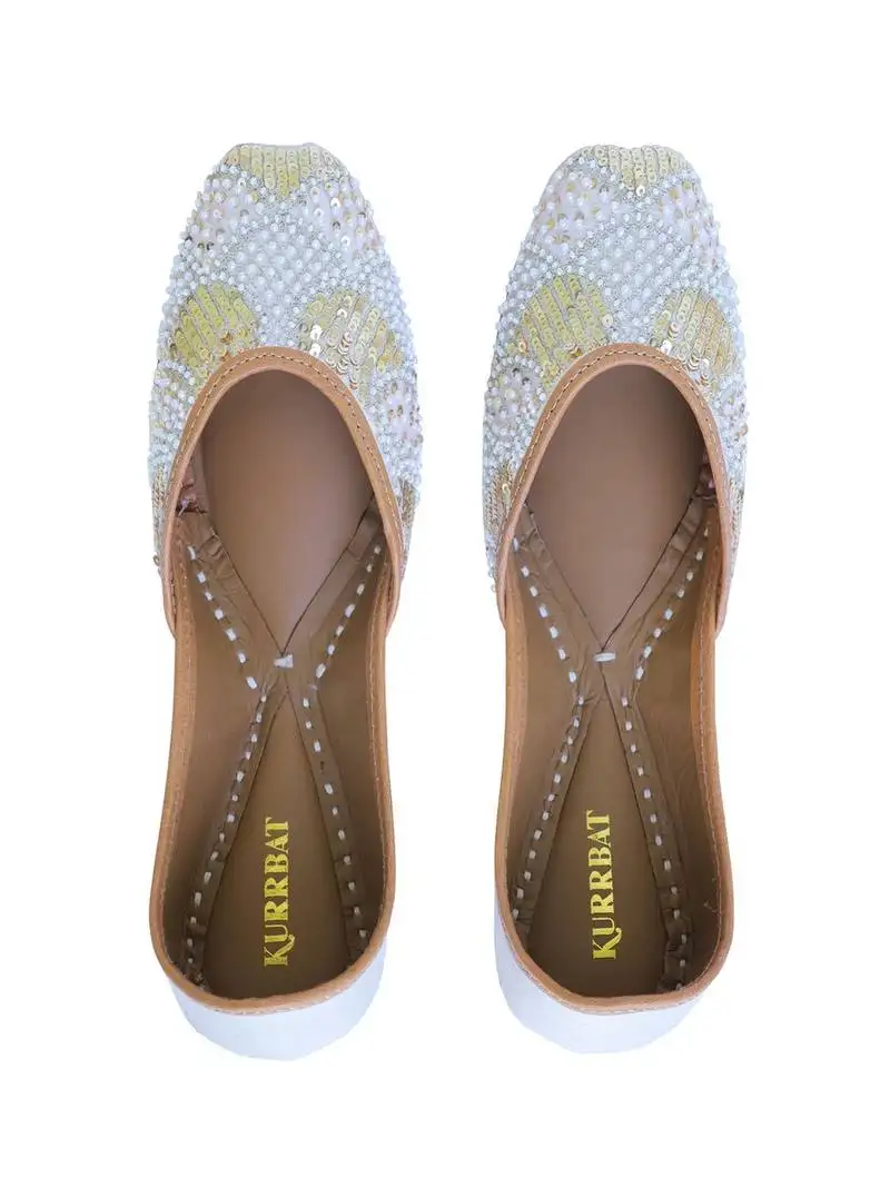 White sequin embroidered leather juttis
