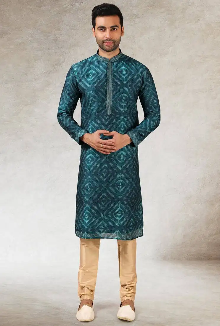Men's teal green print on art silk fabric kurta with with lining