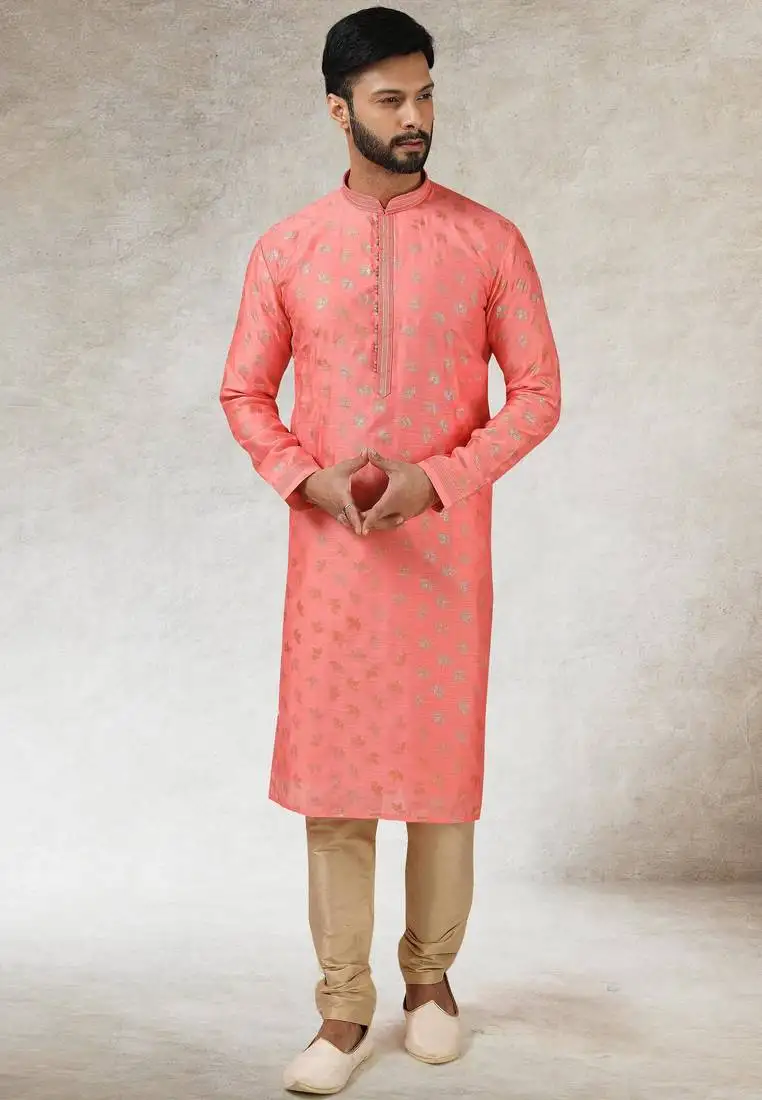 Men's pink print on art silk fabric kurta with with lining