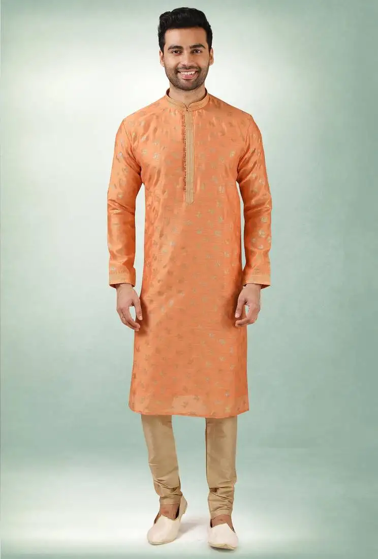 Men's orange print on art silk fabric kurta with with lining