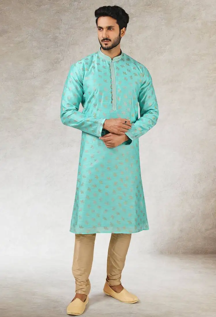Men's green print on art silk fabric kurta with with lining