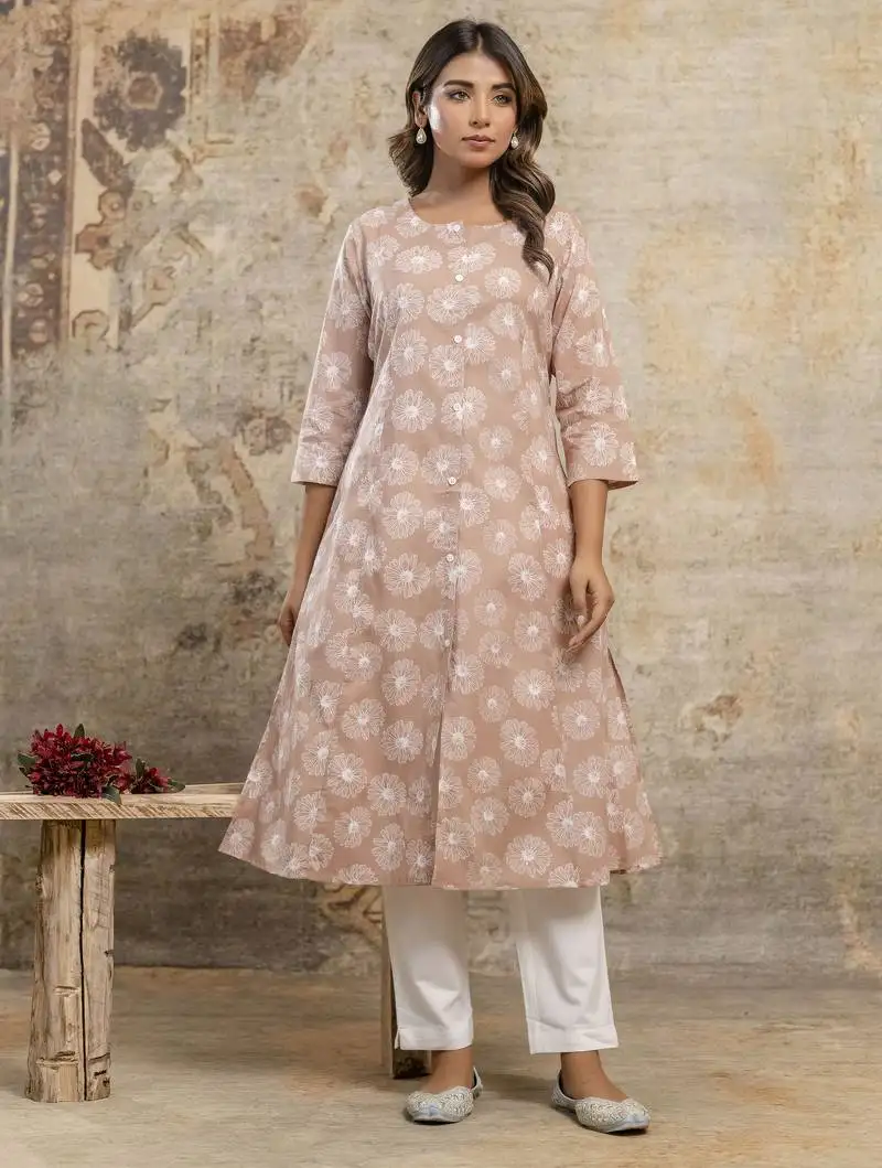 Beige floral cotton kurti