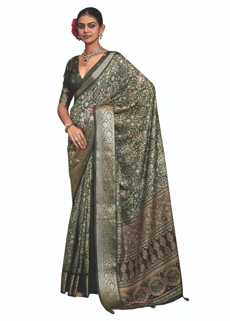 Mehendi green dolla silk blend self jaquard border saree with unstitched blouse