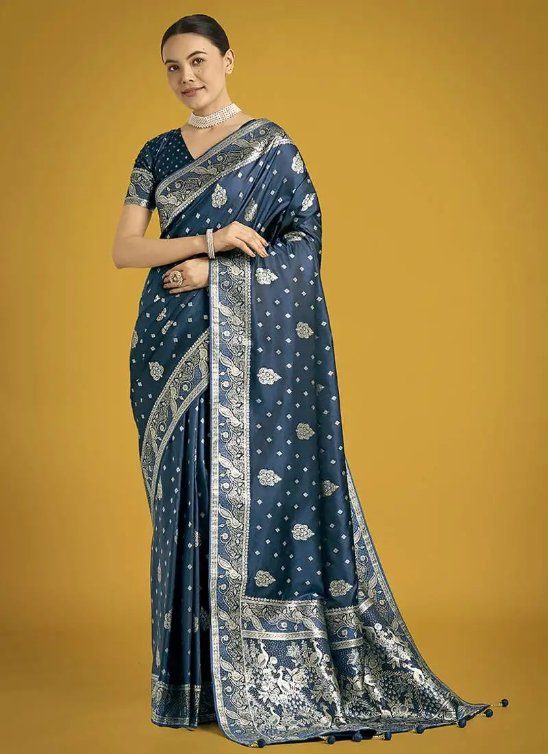 Aqua blue woven banarasi satin silk saree