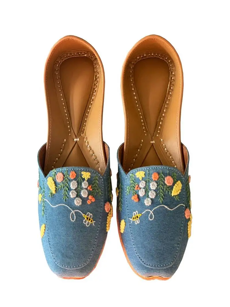 Blue floral embroidered denim juttis