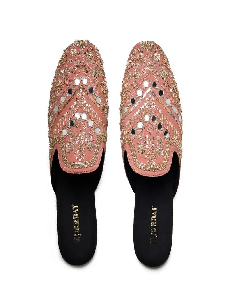 Pink mirror embroidered leather mules
