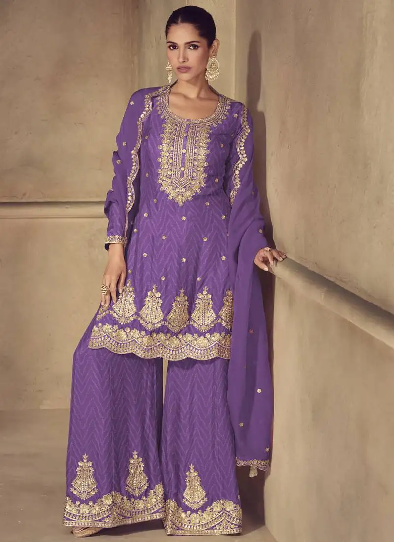 Violet real chinon digital print palazzo suit stitched
