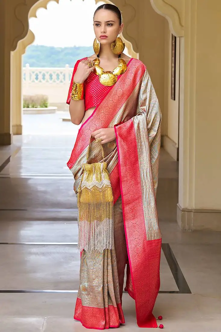 Grey banarasi silk blend jacquard woven saree with blouse