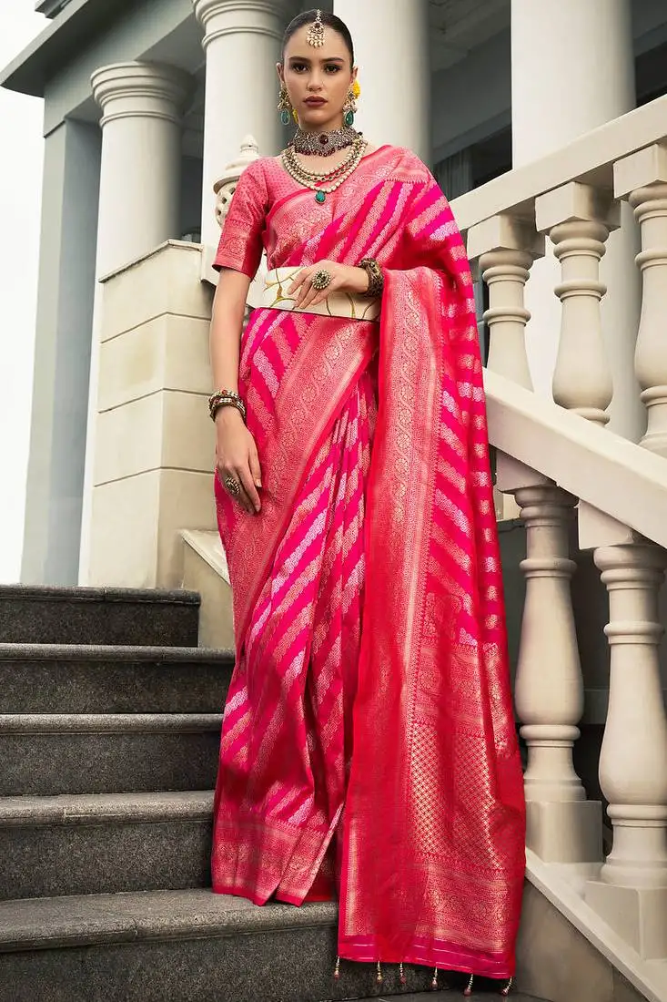 Rani pink banarasi silk blend jacquard woven saree with blouse