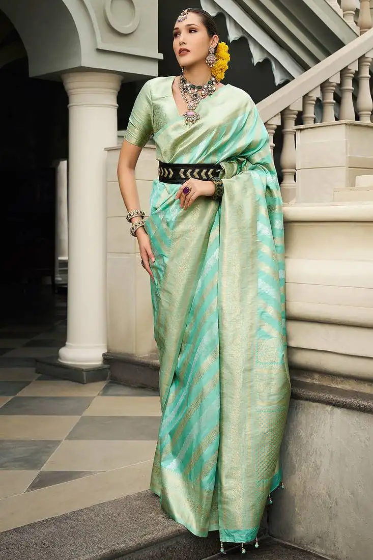 Sea green banarasi silk blend jacquard woven saree with blouse