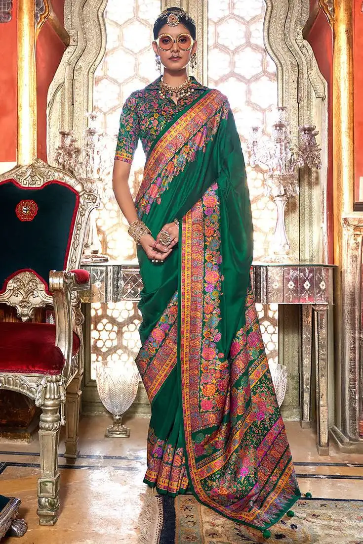 Green silk blend floral print saree with blouse