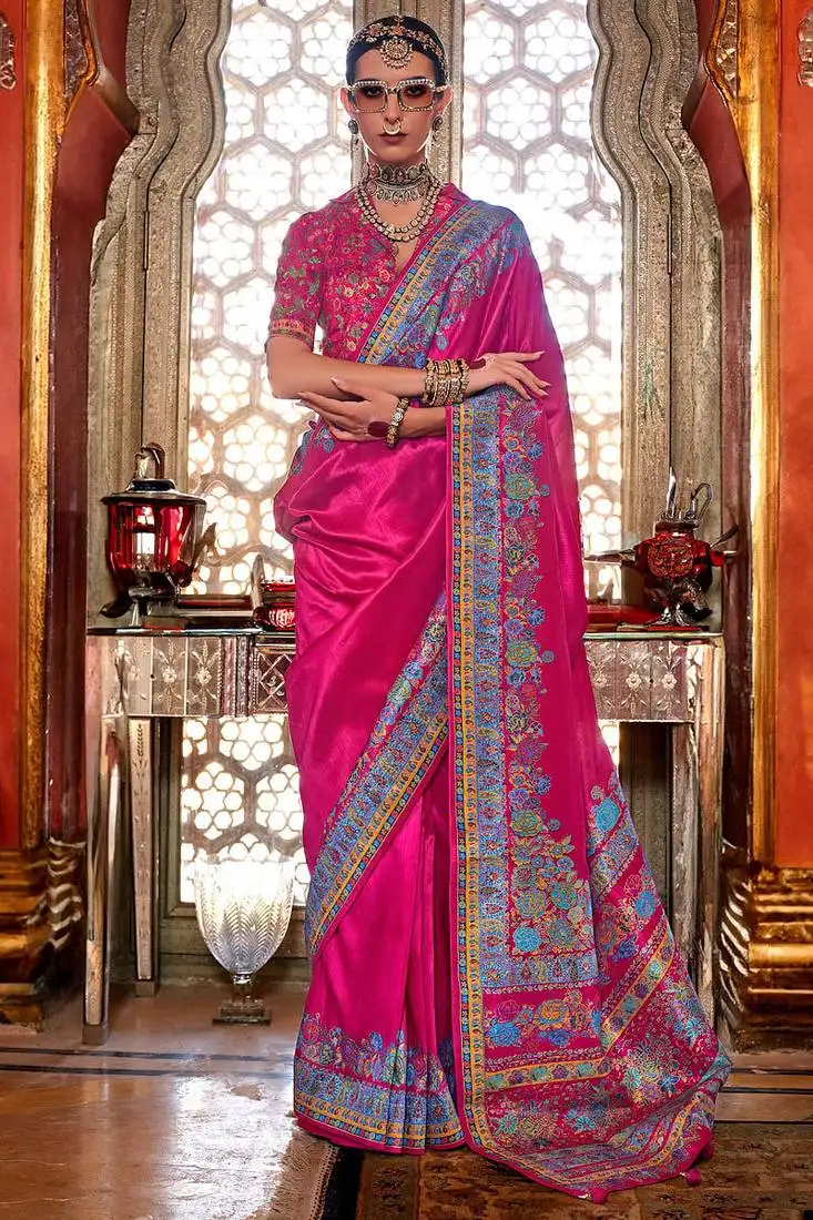 Rani pink silk blend floral print saree with blouse