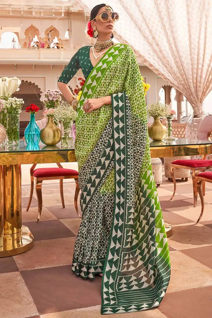 Parrot green & dark green silk blend patola print saree with blouse