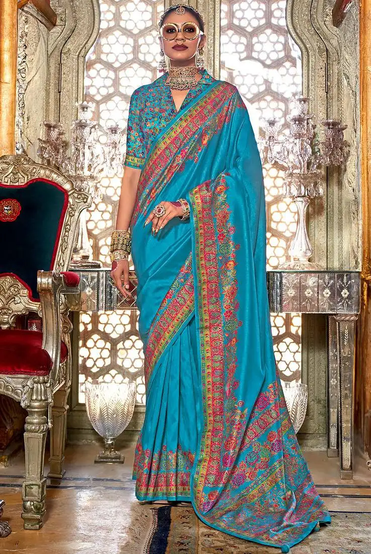 Aqua blue silk blend floral print saree with blouse
