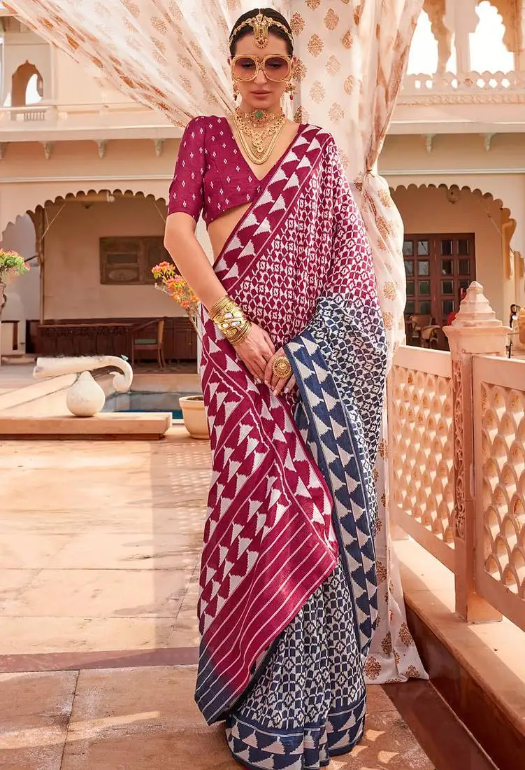 Dark pink & navy blue silk blend patola print saree with blouse