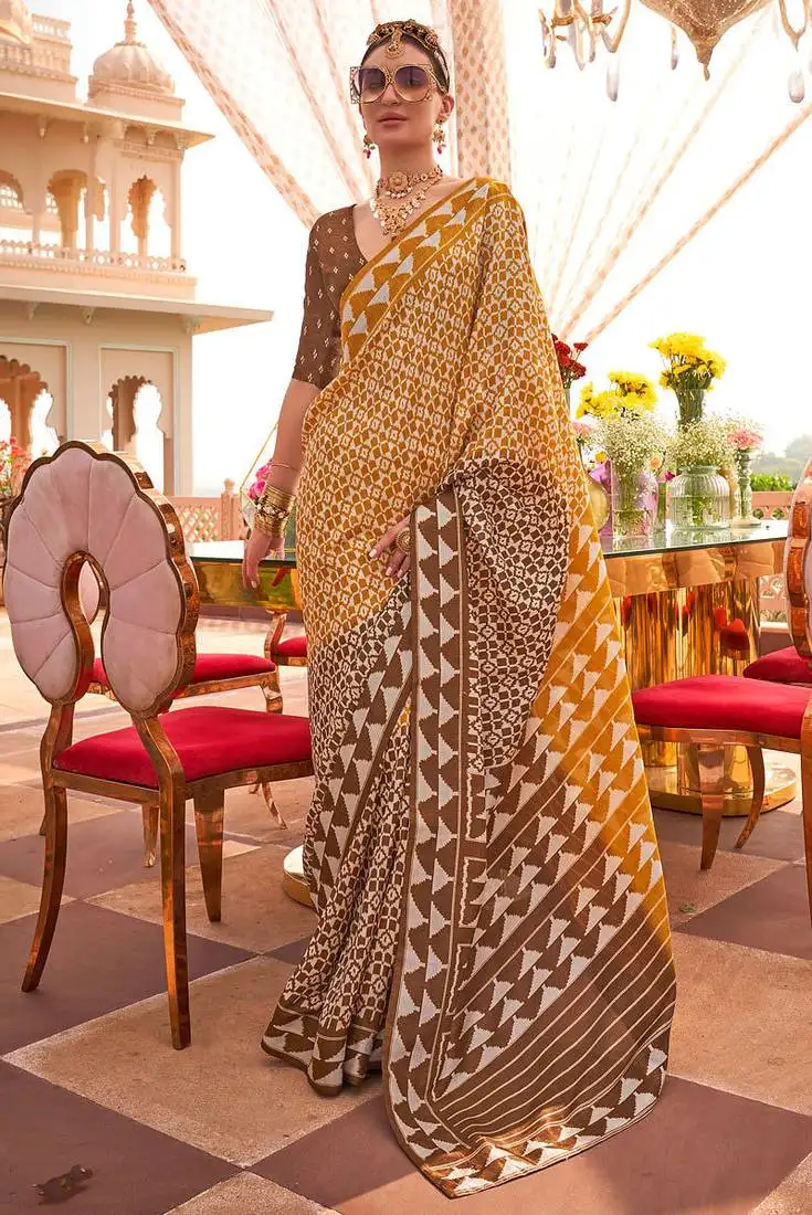 Mustard & brown silk blend patola print saree with blouse