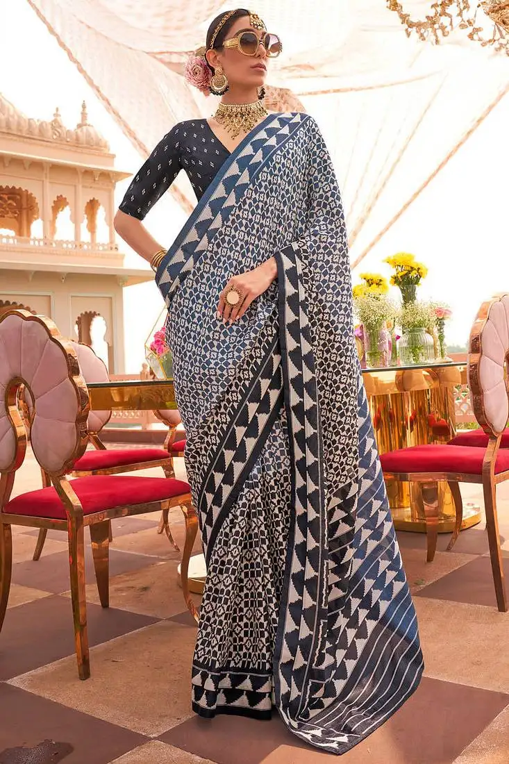 Blue & grey silk blend patola print saree with blouse