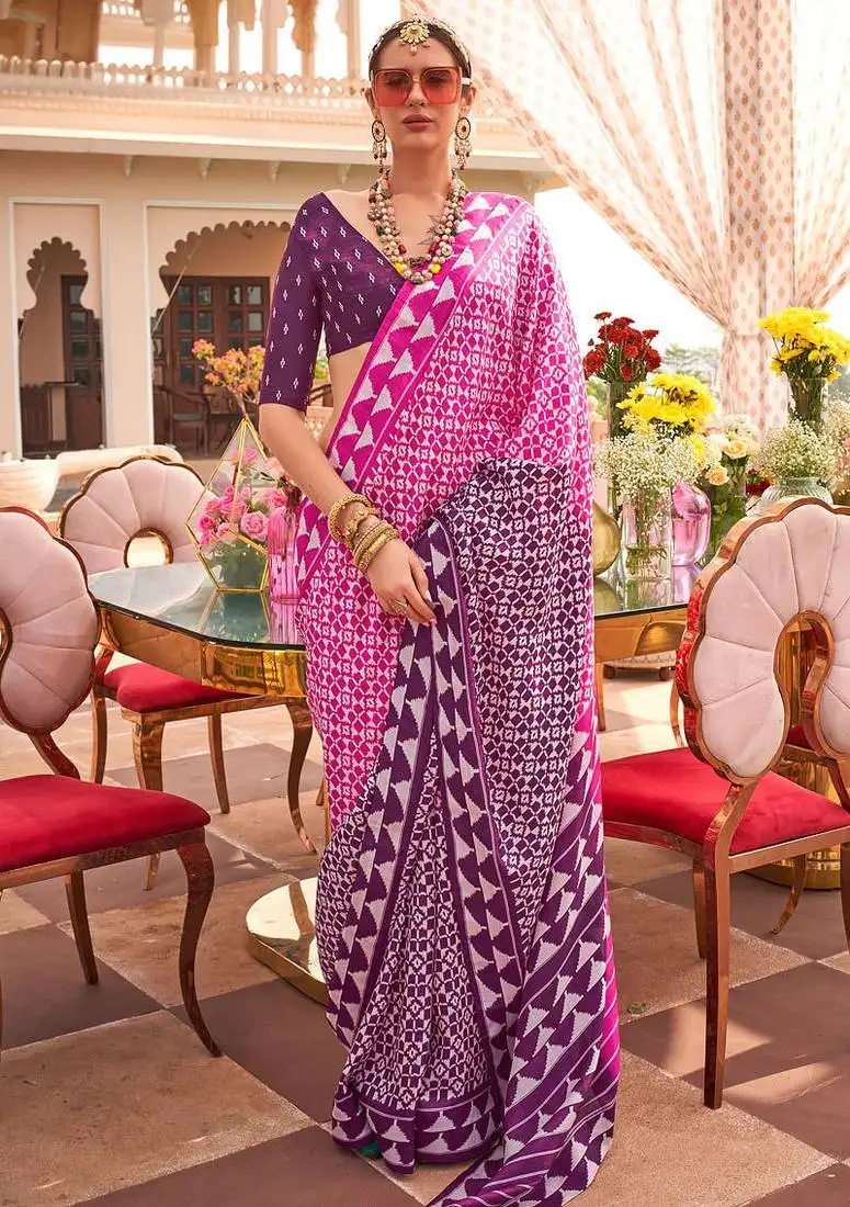Rani pink & purple silk blend patola print saree with blouse
