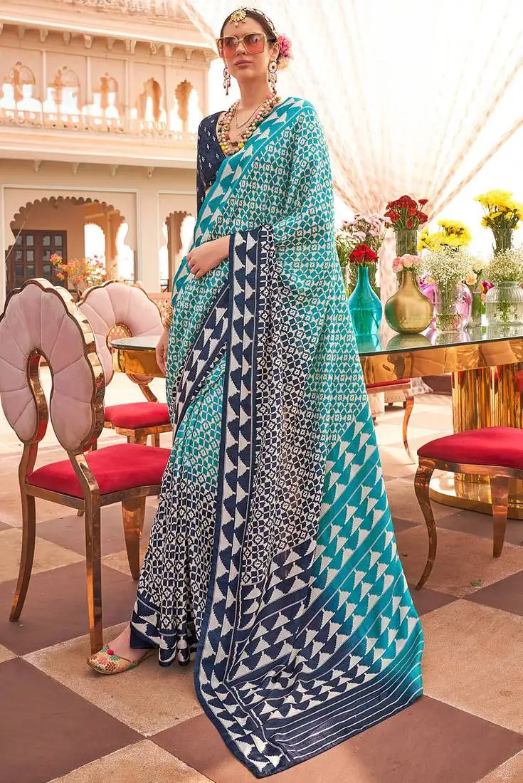 Sky blue & navy blue silk blend patola print saree with blouse
