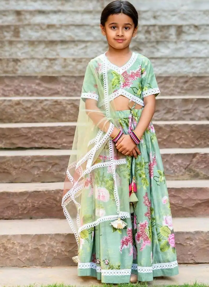 Yellow printed silk lehenga set