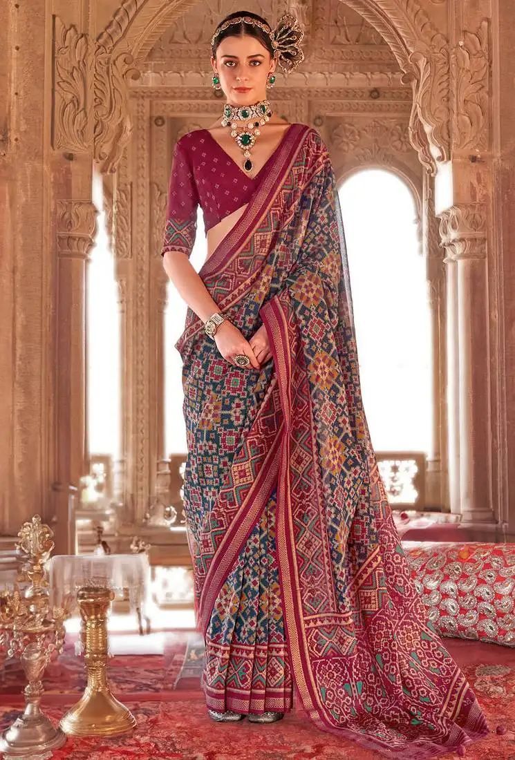 Blue georgette patola print saree with blouse