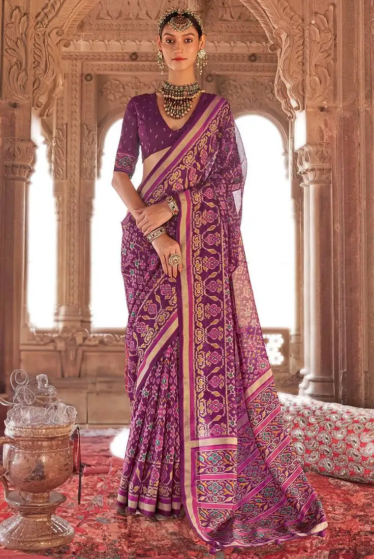 Wine georgette patola print saree with blouse
