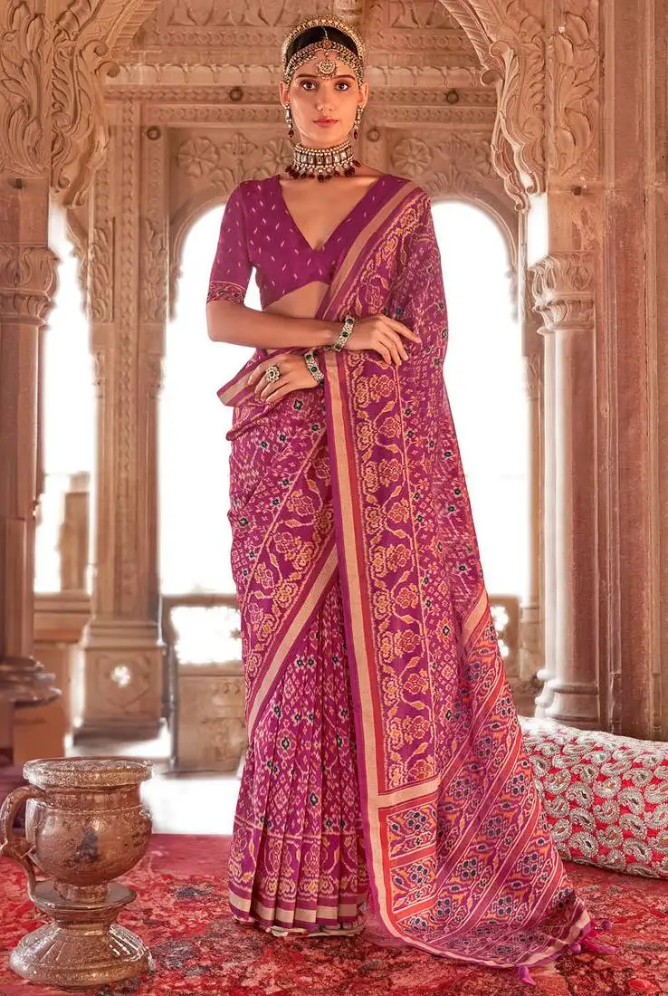 Magenta georgette patola print saree with blouse