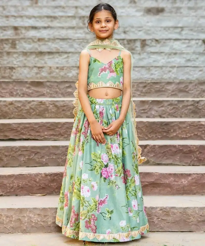 Green printed chanderi lehenga set