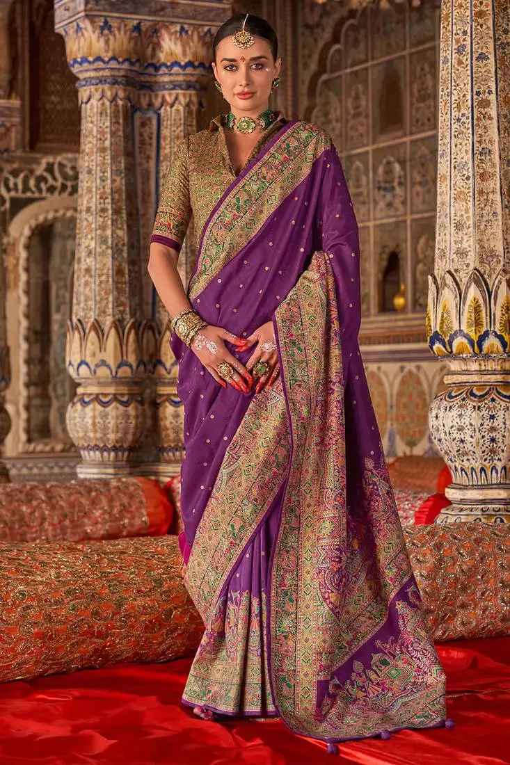 Purple silk blend print with glory finish saree with blouse