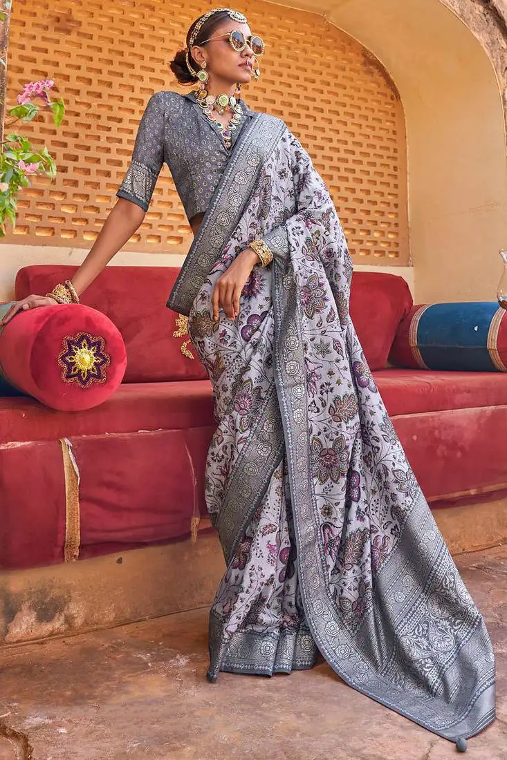 Light grey silk blend floral print saree with blouse