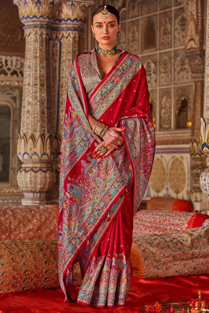 Red silk blend print with glory finish saree with blouse