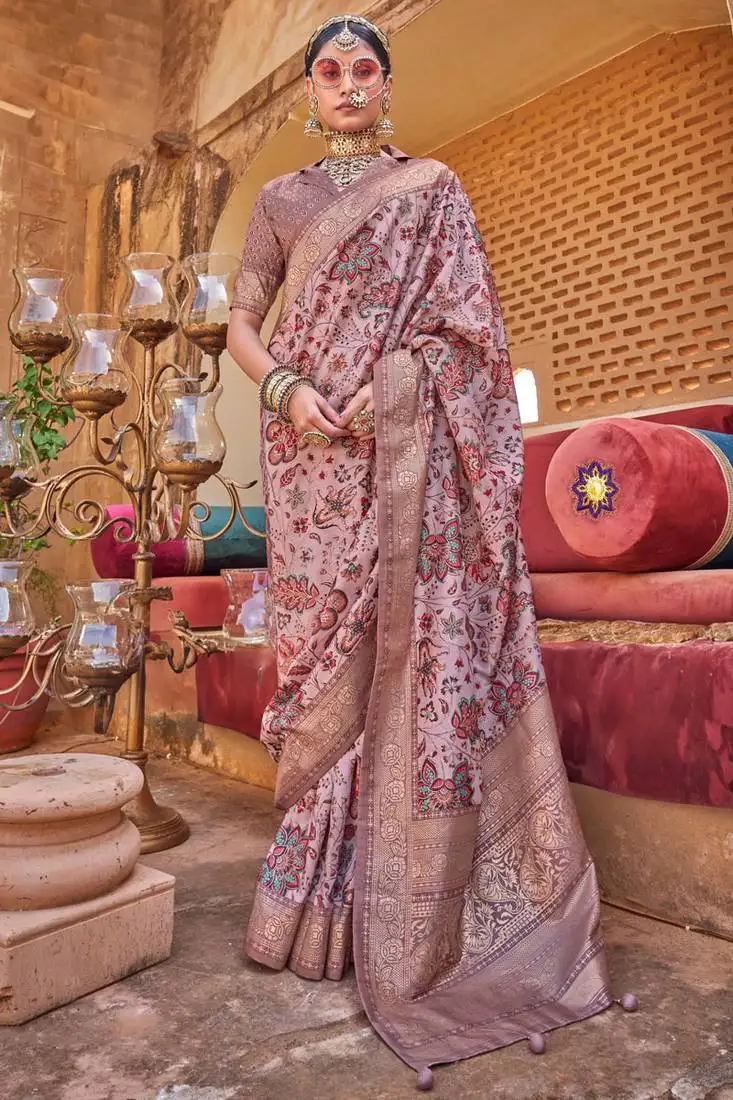 Dusty peach silk blend floral print saree with blouse