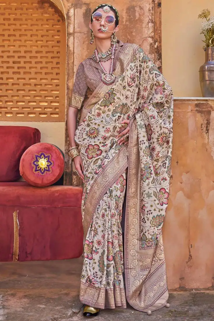 Cream silk blend floral print saree with blouse