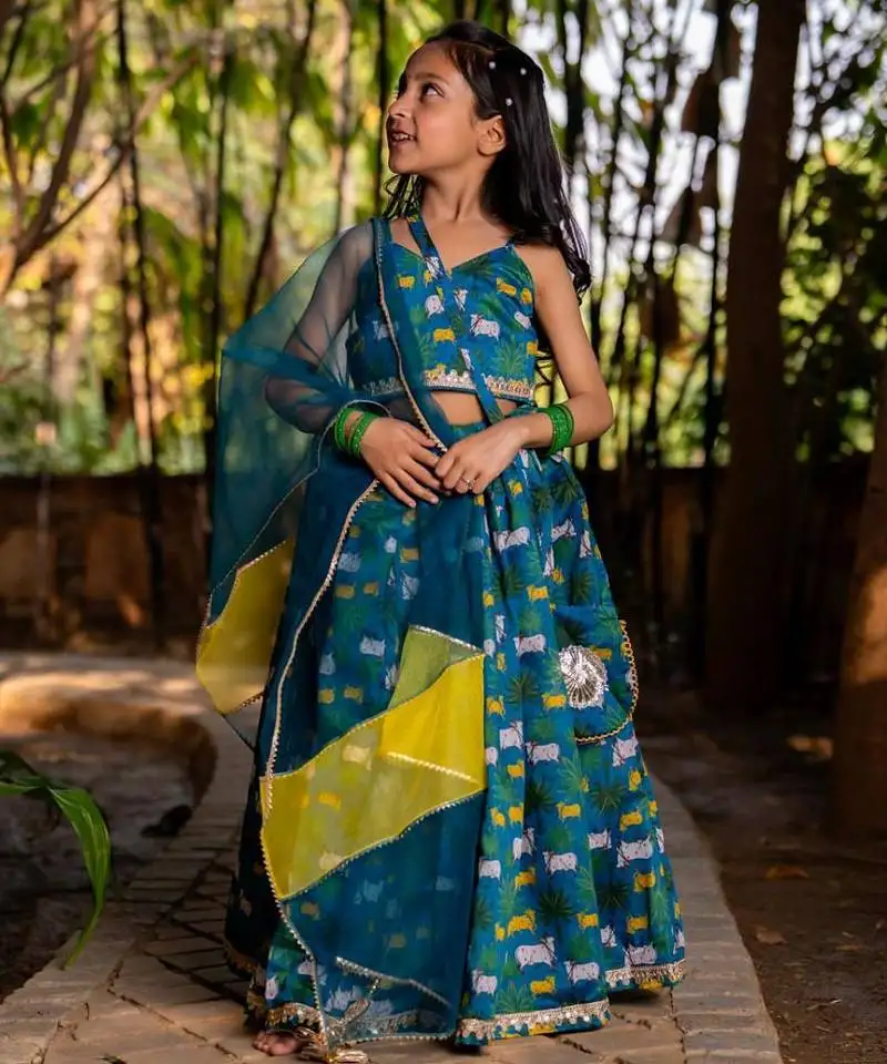 Blue printed chanderi lehenga set