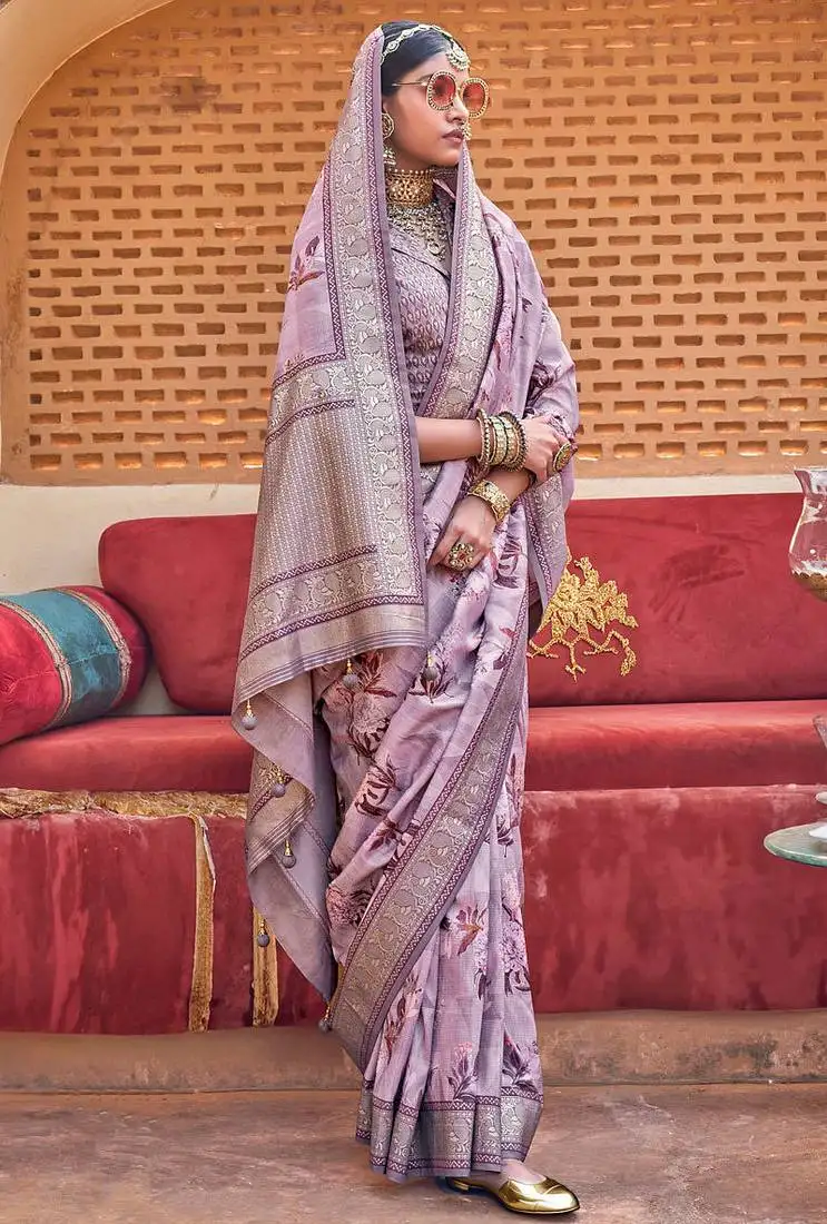 Purple silk blend floral print saree with blouse