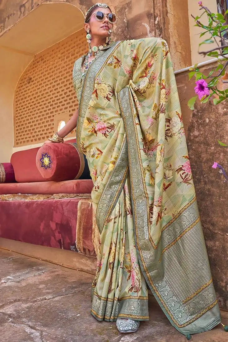Light green silk blend floral print saree with blouse