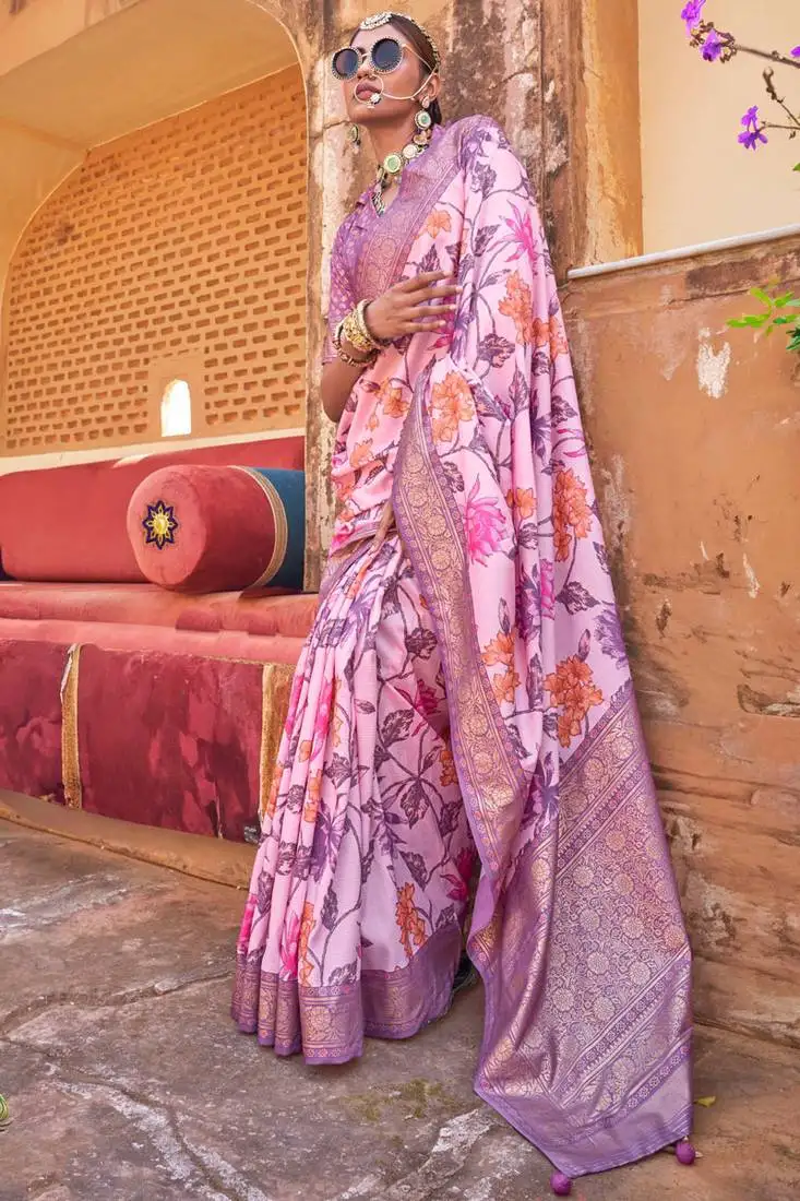 Pink silk blend floral print saree with blouse