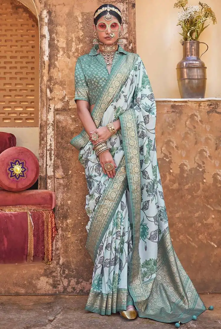 Sea green silk blend floral print saree with blouse