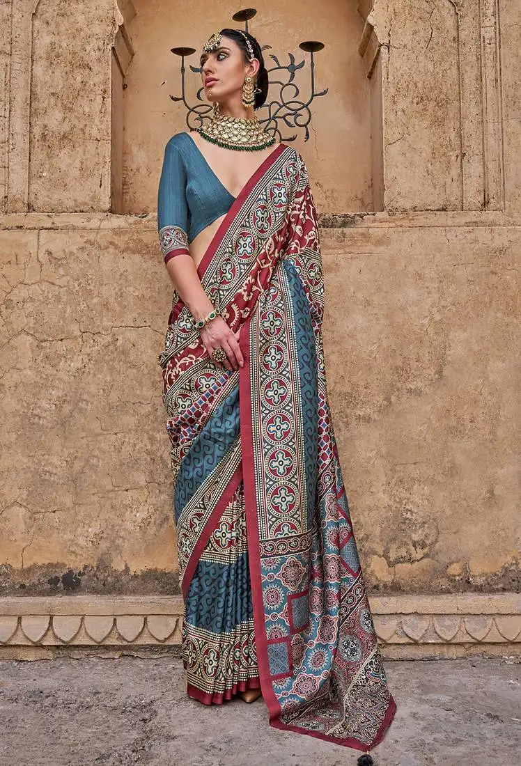 Multicolor silk blend ajrakh print croma finish saree with blouse