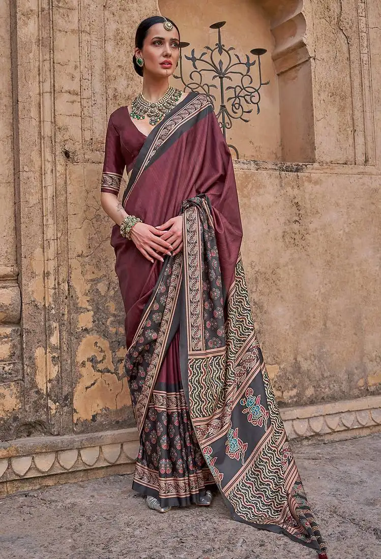 Wine silk blend ajrakh print croma finish saree with blouse