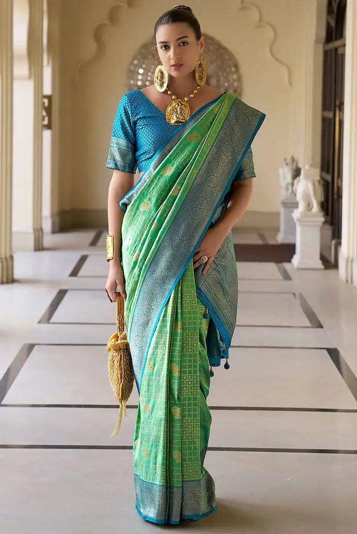 Rama green banarasi silk blend jacquard woven saree with blouse