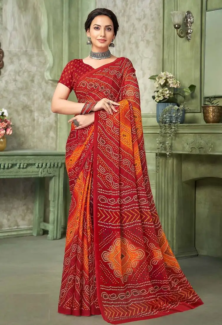 Maroon orange chiffon bandhani double shaded printed saree with blouse