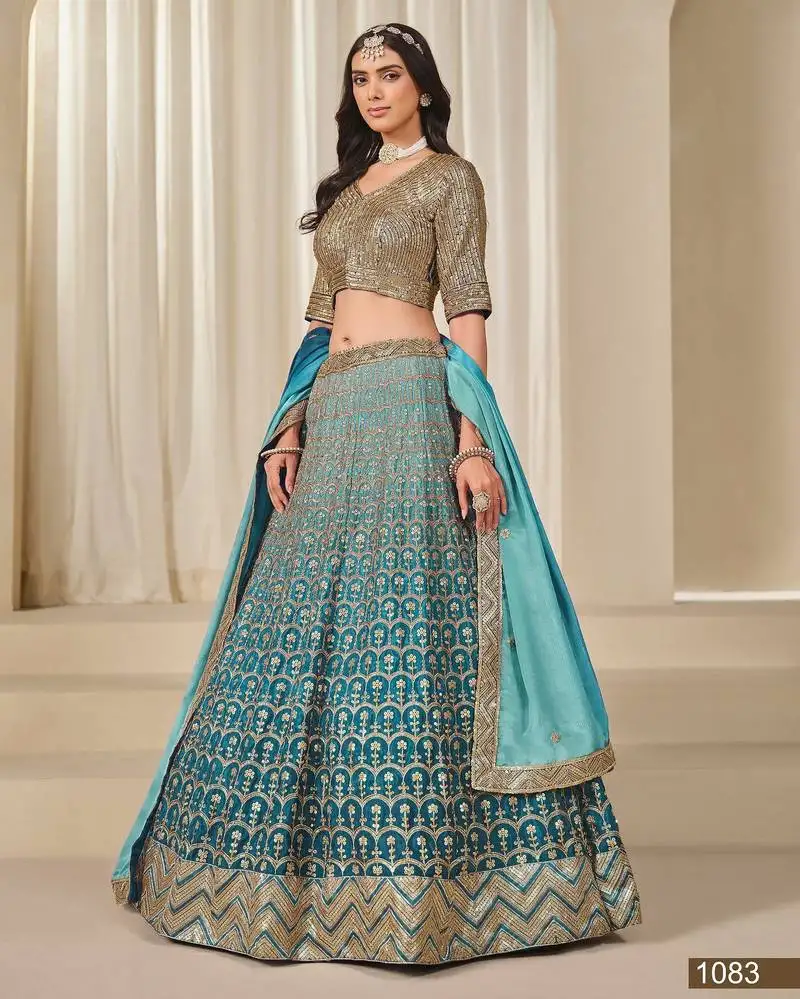 Turquoise embriodered heavy chinon silk designer semi stitched lehenga with blouse